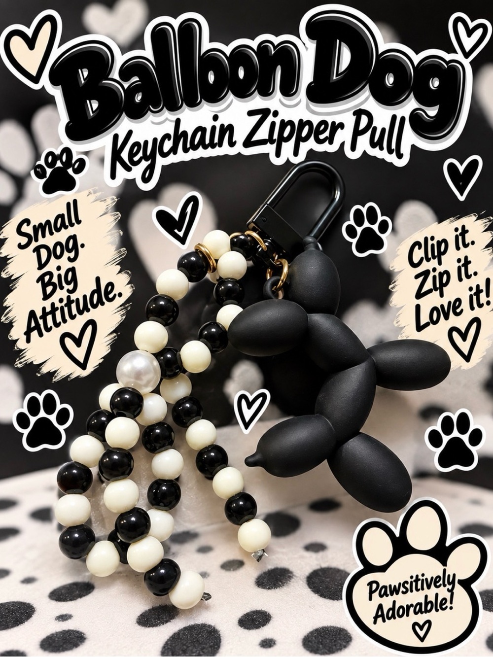 Balloon Dog Keychain Zipper Pull - Black & White